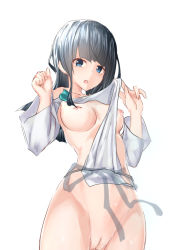 Rule 34 | 1girl, belt, black hair, blue eyes, blush, breasts, clothes pull, collarbone, dress, dress pull, fate/grand order, fate/requiem, fate (series), large breasts, long hair, long sleeves, looking at viewer, nipples, no panties, open mouth, pussy, rakkuma, see-through, standing, utsumi erice, white background, white dress