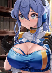 Rule 34 | 1girl, blue eyes, blue hair, blush, breasts, chicken (chickenx), cleavage, cropped torso, gloves, gotland (kancolle), hair between eyes, headphones, highres, kantai collection, large breasts, long hair, mole, mole under eye, official alternate costume, ponytail, race queen, solo
