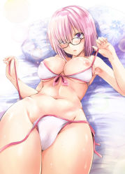 Rule 34 | 1girl, adapted costume, bikini, black-framed eyewear, blush, breasts, fate (series), front-tie bikini top, front-tie top, glasses, highres, large breasts, looking at viewer, lying, mash kyrielight, mash kyrielight (swimsuit of perpetual summer), navel, nipples, official alternate costume, on back, pillow, pink hair, purple eyes, shiroi noria, short hair, side-tie bikini bottom, solo, stomach, swimsuit, untied bikini, wet, white bikini