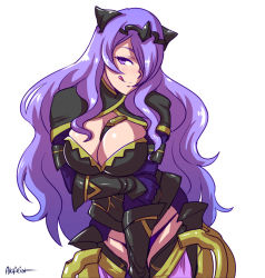 Rule 34 | 1girl, :q, akairiot, armor, artist name, bad id, bad tumblr id, between breasts, breast hold, breasts, camilla (fire emblem), capelet, cleavage, curly hair, female focus, fire emblem, fire emblem fates, gauntlets, hair over one eye, large breasts, licking lips, long hair, looking at viewer, nintendo, purple eyes, purple hair, signature, solo, tiara, tongue, tongue out, white background
