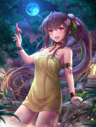Rule 34 | 1girl, :d, absurdres, arm support, bad id, bad pixiv id, bare shoulders, bird, bird on hand, breasts, brown hair, cleavage, fingernails, floating hair, flower, full moon, hair flower, hair ornament, hand up, highres, jewelry, large breasts, long hair, looking at viewer, moon, naked towel, necklace, night, night sky, onsen, open mouth, original, outdoors, pink eyes, ponytail, shichigatsu, sky, smile, solo, stairs, stone lantern, towel, tree, very long hair, wading, wristband