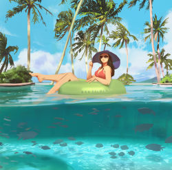 Rule 34 | 1girl, brown hair, cloud, fish, hat, highres, inflatable raft, jewelry, looking at viewer, palm tree, ring, seabed (visual novel), sky, snatti, summer, sun hat, sunglasses, swimsuit, tree, underwater, water