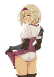 Rule 34 | 1girl, ass, black footwear, black gloves, blonde hair, blush, boots, brown eyes, clothes lift, cowboy shot, djeeta (granblue fantasy), elbow gloves, frilled skirt, frills, from behind, gauntlets, gloves, granblue fantasy, hairband, high-waist skirt, ishinoyari, lifted by self, looking at viewer, looking back, panties, puffy sleeves, purple hairband, purple skirt, shirt, short hair, simple background, skirt, skirt lift, smile, solo, standing, thigh boots, thighhighs, underwear, white background, white panties, white shirt