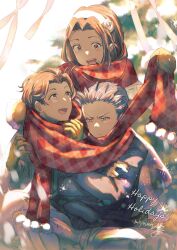 Rule 34 | 1girl, 2boys, brother and sister, brown hair, catiua powell, christmas, christmas tree, closed mouth, denim powell, flower, gloves, hair flower, hair ornament, hairband, happy holidays, highres, long hair, mittens, miyama (lacrima01), multiple boys, open mouth, scarf, short hair, siblings, smile, sweater, tactics ogre, vice bozeg, white hairband