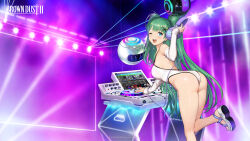 Rule 34 | 1girl, absurdres, armpits, ass, blue eyes, breasts, brown dust 2, copyright name, dj, drone, elbow gloves, eyebrows hidden by hair, gloves, graphic equalizer, green hair, hair ornament, hairclip, headphones, highres, holding, holding headphones, large breasts, long hair, looking at viewer, mixing console, monitor, official art, official wallpaper, one-piece swimsuit, one eye closed, open mouth, second-party source, smile, solo, standing, standing on one leg, swimsuit, table, teeth, twintails, upper teeth only, venaka (brown dust 2), very long hair, white gloves, white one-piece swimsuit