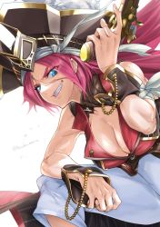Rule 34 | 1girl, belt, blue eyes, breasts, cleavage, corset, detached collar, fate/extra, fate (series), francis drake (fate), grin, gun, handgun, hat, high-waist pants, knee up, large breasts, long hair, looking at viewer, pants, parted bangs, pink hair, pirate hat, pistol, red vest, scar, scar on face, sky, smile, solo, torichamaru, vest, weapon, white pants, wrist cuffs