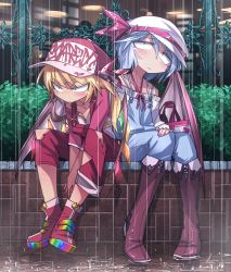 Rule 34 | 2girls, alternate costume, ankle boots, bag, baseball cap, bat wings, blonde hair, blouse, blue hair, boots, brick wall, casual, clothes writing, contemporary, crystal, english text, flandre scarlet, full body, hair between eyes, handbag, hat, hat ribbon, knee boots, ledge, long sleeves, mob cap, multicolored footwear, multiple girls, outdoors, overalls, own hands together, plant, puddle, raglan sleeves, rain, remilia scarlet, ribbon, shimizu pem, shirt, siblings, sisters, sitting, tagme, torn clothes, touhou, tsurime, v-shaped eyebrows, white shirt, wings