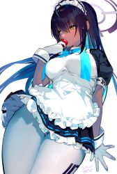 Rule 34 | 1girl, ahoge, apron, aqua hair, aqua ribbon, black hair, blue archive, breasts, colored inner hair, commentary request, covered mouth, dark-skinned female, dark skin, dated, food, frills, from below, fruit, gloves, halo, hand up, highres, holding, holding food, karin (blue archive), large breasts, looking to the side, maid, maid apron, maid headdress, multicolored hair, puffy short sleeves, puffy sleeves, ribbon, shiromonefu, short sleeves, sidelocks, skirt, solo, standing, strawberry, thigh gap, two-tone hair, white apron, white background, white gloves, white legwear, yellow eyes