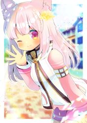 Rule 34 | 1girl, ;), animal ear fluff, animal ears, blurry, blurry background, blush, closed mouth, commentary request, depth of field, flower, hair flower, hair ornament, hand up, jacket, kou hiyoyo, long hair, long sleeves, one eye closed, original, pink hair, pink shorts, purple eyes, shirt, short shorts, shorts, smile, solo, vrchat, white jacket, white shirt, yellow flower