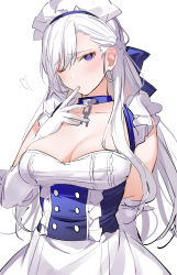 Rule 34 | 1girl, absurdres, apron, arm behind back, azur lane, belfast (azur lane), blue choker, blue eyes, blue ribbon, blush, braid, breasts, chain, choker, cleavage, collar, collarbone, commentary request, dress, elbow gloves, eyebrows, finger to mouth, french braid, frills, gloves, hair between eyes, highres, large breasts, long hair, looking at viewer, maid, maid apron, maid headdress, one eye closed, ribbon, simple background, solo, white background, white gloves, white hair, xretakex