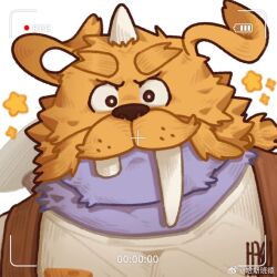 Rule 34 | 1boy, broken tusk, chenxiao bull, digimon, digimon (creature), furry, furry male, huge eyebrows, long tusks, looking at viewer, personification, portrait, purple fur, sanpaku, solo, sparkle background, star (symbol), straight-on, thick mustache, two-tone fur, viewfinder, walrus boy, zudomon