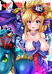 Rule 34 | 1girl, :d, alternate costume, aqua eyes, areola slip, arm between breasts, bare shoulders, bat (animal), between breasts, blonde hair, blue dragon (p&amp;d), blue dress, blue gloves, blue sonia (p&amp;d), blurry, blush, bone, bow, breasts, claws, cleavage, collar, collarbone, cowboy shot, crossed arms, depth of field, dragon, dragon horns, dragon wings, dress, elbow gloves, fang, fins, frills, ghost, gloves, glowing, green eyes, hair between eyes, hair ornament, hands on breasts, happy, hat, hat bow, head fins, heterochromia, high ponytail, highres, horns, large breasts, lights, looking at viewer, mini hat, mini top hat, no bra, open mouth, own hands together, ponytail, purple eyes, puzzle &amp; dragons, red bow, red dress, samoore, short ponytail, sidelocks, silhouette, smile, spikes, strapless, strapless dress, striped, top hat, vertical stripes, window, wings