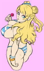 Rule 34 | 1girl, ass, asymmetrical hair, bangle, bare arms, bare shoulders, bikini, blue eyes, bracelet, breasts, candy, cleavage, cropped legs, curvy, earrings, eyeshadow, female focus, food, galactic-overlord, galko, gyaru, hair bun, hair ornament, hair scrunchie, highres, hip focus, holding, jewelry, kogal, large breasts, lips, lollipop, long hair, looking back, makeup, nail polish, oshiete! galko-chan, pink background, pink nails, scrunchie, side bun, sideboob, single side bun, solo, standing, striped bikini, striped clothes, swimsuit, thick thighs, thighs, wide hips