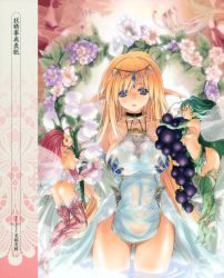 Rule 34 | 3girls, abs, absurdres, ass, between breasts, blonde hair, blue eyes, boots, breasts, collarbone, detached sleeves, dress, elf, fairy, flower, food, fruit, grapes, green eyes, green hair, hair ornament, highres, large breasts, lily of the valley, long hair, looking at viewer, matching hair/eyes, mini person, minigirl, miwa yoshikazu, multiple girls, partially submerged, person between breasts, pink hair, pointy ears, red eyes, solo, standing, thigh boots, thighhighs, underboob, wading, white dress, wings
