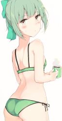 Rule 34 | 1girl, ass, bad id, bad twitter id, blunt bangs, bow, bra, breasts, brown eyes, closed mouth, coffee, coffee mug, cole (coleltu), cowboy shot, crotch seam, cup, green bow, green bra, green hair, green panties, hair bow, highres, holding mug, kantai collection, looking at viewer, looking back, mug, panties, short hair, short ponytail, shoulder blades, side-tie panties, simple background, small breasts, solo, steam, sweat, underwear, underwear only, white background, yuubari (kancolle)