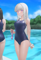 Rule 34 | 2girls, black hair, blue one-piece swimsuit, blue sky, blurry, blurry background, blush, breasts, closed mouth, cloud, commentary request, feet out of frame, fence, goggles, holding, holding goggles, long hair, looking at viewer, medium breasts, multiple girls, ni (221), one-piece swimsuit, original, outdoors, pool, purple eyes, sky, solo focus, swimsuit, tree, white hair