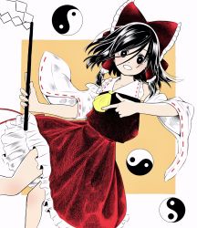Rule 34 | ascot, bare shoulders, black eyes, black hair, border, bow, collared vest, commentary request, detached sleeves, dutch angle, frilled bow, frilled skirt, frills, gohei, hair bow, hair tubes, hakurei reimu, hanokami, high contrast, highres, holding, japanese clothes, limited palette, long sleeves, medium hair, miko, nontraditional miko, ofuda, open mouth, orb, red skirt, red vest, simple background, skirt, skirt set, solo, touhou, vest, white border, wide sleeves, yellow ascot, yellow background, yin yang, yin yang orb