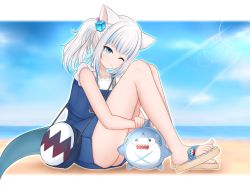 Rule 34 | 1girl, 1other, animal ears, bag, bare legs, beach, bloop (gawr gura), blue dress, blue eyes, blue hair, blue nails, blue sky, blurry, blurry background, blush, candy, cat ears, chinese commentary, collarbone, commentary, dress, english commentary, feet, fins, fish tail, food, food in mouth, from side, full body, gawr gura, gawr gura (casual), grey hair, hair ornament, head tilt, highres, hololive, hololive english, hugging own legs, legs, lens flare, lollipop, long legs, looking at viewer, mixed-language commentary, mouth hold, multicolored hair, nail polish, official alternate costume, one eye closed, ponytail, sandals, shadow, shark tail, short sleeves, shoulder bag, silver bullet (yhq811), sky, streaked hair, tail, thighs, toenail polish, toenails, toes, virtual youtuber, white hair