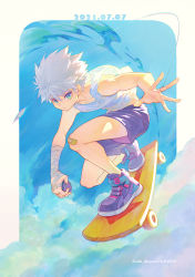 Rule 34 | 1boy, artist name, bandaged arm, bandages, bandaid, bandaid on knee, bandaid on leg, bare shoulders, birthday, blue background, blue eyes, border, closed mouth, cloud, collarbone, commentary, dated, dated commentary, full body, hair between eyes, holding, hunter x hunter, kariki hajime, killua zoldyck, looking at viewer, male focus, messy hair, purple footwear, purple shorts, shoes, short hair, shorts, sidelighting, skateboard, skateboarding, sleeveless, sneakers, solo, spiked hair, spread fingers, tank top, twitter username, white border, white hair, white tank top, yo-yo
