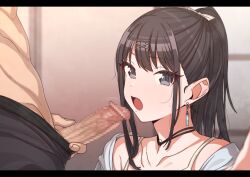 Rule 34 | 1boy, 1girl, black eyes, black hair, blush, censored, collarbone, earrings, erection, erere, hair ornament, hair ribbon, hairclip, hetero, idolmaster, idolmaster shiny colors, imminent fellatio, jewelry, kazano hiori, long hair, looking at viewer, mole, mole under mouth, mosaic censoring, necklace, open mouth, penis, ponytail, ribbon, solo focus, sweat, swept bangs, x hair ornament