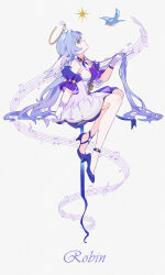 Rule 34 | 1girl, absurdres, aqua eyes, asymmetrical gloves, bare shoulders, bead bracelet, beads, bird, bracelet, character name, closed mouth, detached sleeves, dress, franhill, from side, full body, gloves, halo, head wings, high heels, highres, honkai: star rail, honkai (series), jewelry, long hair, looking at animal, mixed-language commentary, musical note, pigeon, purple dress, purple footwear, purple hair, robin (honkai: star rail), short sleeves, simple background, smile, two-tone dress, uneven gloves, white dress, white gloves, white wings, wings