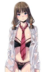 Rule 34 | 1girl, black bra, black pantyhose, blue eyes, blush, bra, breasts, brown hair, collared shirt, gluteal fold, karube guri, lace, lace-trimmed bra, lace-trimmed panties, lace trim, large breasts, lingerie, low twintails, medium hair, necktie, open clothes, open shirt, original, panties, pantyhose, shirt, smile, solo, twintails, underwear, wet, wet clothes, wet shirt, white shirt
