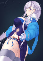 Rule 34 | 1girl, alternate costume, ass, azur lane, belfast (azur lane), belfast (iridescent rosa) (azur lane), belfast (iridescent rosa) (azur lane), black background, blue eyes, blush, braid, breasts, chain, china dress, chinese clothes, collar, cowboy shot, dated, dress, earrings, french braid, from side, hand on own hip, jewelry, large breasts, long hair, looking at viewer, panties, parted lips, pelvic curtain, purple hair, shrug (clothing), side-tie panties, signature, simple background, smile, solo, standing, thighhighs, underwear, unel