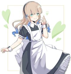 Rule 34 | 1girl, alternate costume, alternate hairstyle, apron, black dress, blonde hair, blue bow, blue eyes, blush, bow, commentary, dress, enmaided, fate/grand order, fate (series), freedumco, frilled dress, frills, hairband, heart, highres, long hair, maid, maid apron, nemo (fate), nurse nemo (fate), short sleeves, simple background, smile, solo, white background, wrist cuffs