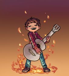 Rule 34 | 1boy, absurdres, acoustic guitar, black hair, blush stickers, closed eyes, coco (disney), dark-skinned male, dark skin, disney, guitar, highres, hood, instrument, male focus, miguel rivera, music, open mouth, petals, playing instrument, short hair, smile, solo