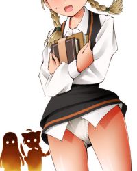 Rule 34 | 3girls, ahoge, althea (strike witches), animal ears, book, braid, brown hair, collared shirt, dr rex, dress shirt, holding, holding knife, knife, long hair, multiple girls, hugging object, panties, shirt, silhouette, solo focus, strike witches, sweater vest, twin braids, twintails, underwear, very long hair, white panties, white shirt, world witches series