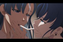 Rule 34 | 2girls, ado (utaite), blue eyes, blue hair, cigarette, cigarette kiss, cloud nine inc, collarbone, collared shirt, commentary request, earclip, earrings, eye contact, highres, holding, holding cigarette, jewelry, letterboxed, long hair, looking at another, merry (ado), multiple girls, naima (ado), nori (norinori yrl), portrait, readymade (ado), shirt, smoke, usseewa, voice actor connection, white shirt, yuri
