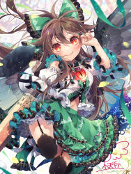 Rule 34 | 1girl, bird wings, black wings, bow, breasts, cape, chest jewel, feathered wings, frills, garter straps, green bow, green skirt, hair bow, highres, long hair, red eyes, reiuji utsuho, skirt, solo, starry sky print, thighhighs, touhou, toutenkou, weapon, white cape, wings