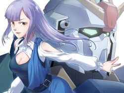 Rule 34 | 1girl, belt, blue dress, bodysuit, bodysuit under clothes, breasts, brown eyes, cleavage, commentary, detached sleeves, dress, glowing, glowing eyes, gun, gundam, gundam zz, highres, long hair, long sleeves, looking at viewer, machine gun, mecha, medium breasts, mobile suit, open mouth, purple hair, robot, roux louka, science fiction, siratori (yy 203), v-fin, weapon, white background, zeta gundam (mobile suit)