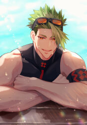 Rule 34 | 1boy, absurdres, achilles (fate), armband, black shirt, collarbone, crossed arms, fate/grand order, fate (series), goggles, goggles on head, green hair, haruakira, highres, lens flare, looking at viewer, male focus, male swimwear, mature male, muscular, muscular male, open mouth, orange-tinted eyewear, orange eyes, outdoors, pool, shirt, skin tight, solo, spiked hair, teeth, tinted eyewear, undercut, wet