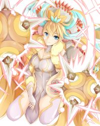 Rule 34 | 1girl, blonde hair, blue eyes, breasts, cleavage, fur trim, gloves, kneeling, long hair, mace, puzzle &amp; dragons, qilin (mythology), sakuya (p&amp;d), simple background, smile, solo, spiked mace, spikes, thighhighs, weapon, white background