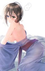 Rule 34 | 1girl, ?, all fours, ass, bare shoulders, bed sheet, blue eyes, blue kimono, blush, breasts, brown hair, closed mouth, eyelashes, from side, green eyes, hair between eyes, hair bun, heterochromia, highres, japanese clothes, kimono, large breasts, long sleeves, looking at viewer, no bra, obi, off shoulder, on bed, original, sash, shoulder blades, sideboob, single hair bun, solo, spoken question mark, white background, yoruhoshi owl, yukata