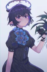 Rule 34 | 1girl, absurdres, black gloves, blue eyes, blue flower, blue halo, dress, earrings, flower, flower on chest, flower ornament, gloves, halo, high collar, highres, hololive, hololive english, holomyth, jewelry, kiwwwwwi, leaf, liquid halo, meconopsis (ninomae ina&#039;nis), melting halo, ninomae ina&#039;nis, official alternate costume, official alternate hairstyle, pleated dress, pointy ears, puffy short sleeves, puffy sleeves, purple hair, short hair, short sleeves, single earring, virtual youtuber