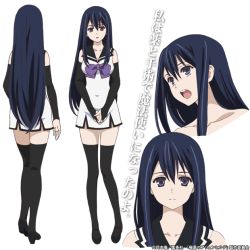 Rule 34 | 10s, 1girl, :o, bare shoulders, black thighhighs, blue eyes, blue hair, bridal gauntlets, collarbone, female focus, gokukoku no brynhildr, hair between eyes, kuroha neko, legs, long hair, looking at viewer, multiple persona, multiple views, neck, open mouth, school uniform, shoes, simple background, sleeveless, thighhighs, translation request, turnaround, v-neck, v arms, white background