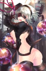 Rule 34 | 1girl, absurdres, ass, bdsm, black gloves, blindfold, bondage, bottomless, bound, breasts, dress, feather trim, gloves, hairband, highres, medium breasts, mole, mole under mouth, nier (series), nier:automata, nipples, open mouth, outdoors, pod (nier:automata), puffy sleeves, restrained, short hair, sparkle, squchan, sweat, thighhighs, white hair, 2b (nier:automata)