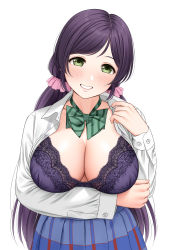 Rule 34 | 1girl, arm under breasts, blue skirt, blush, bow, bowtie, bra, breasts, buttons, cleavage, collared shirt, commentary request, cowboy shot, dress shirt, fingernails, floral print, green bow, green bowtie, green eyes, grin, hair ornament, hair scrunchie, hand up, head tilt, highres, lace, lace-trimmed bra, lace trim, large breasts, long hair, long sleeves, love live!, love live! school idol project, low twintails, open clothes, open shirt, otonokizaka school uniform, parted lips, pink scrunchie, plaid, plaid skirt, print bra, purple bra, purple hair, rose print, school uniform, scrunchie, shirt, simple background, skirt, smile, solo, standing, striped bow, striped bowtie, striped clothes, swept bangs, tojo nozomi, twintails, underwear, very long hair, white background, white shirt, yonsi