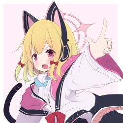 Rule 34 | 1girl, animal ear headphones, animal ears, arashiya, arm up, black skirt, blonde hair, blue archive, blue necktie, blush, bow, cat ear headphones, cat ears, cat tail, fake animal ears, fake tail, hair bow, halo, headphones, jacket, looking at viewer, momoi (blue archive), necktie, off shoulder, open mouth, pink background, pointing, red eyes, ribbon, shirt, short hair, simple background, skirt, solo, tail, upper body, white jacket, white shirt