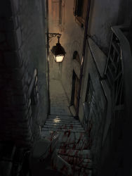 Rule 34 | 1other, alley, black coat, black hat, blood, blood on clothes, blood splatter, bloodborne, building, cagefreepotato, coat, commentary, door, faceless, hat, highres, hunter (bloodborne), industrial pipe, lamp, outdoors, scenery, solo, stairs, tricorne, twitter username, upper body, window
