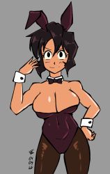 Rule 34 | 1girl, bare shoulders, breasts, brown hair, dark-skinned female, dark skin, gekikara (tomboy-sama), gunsmith cats, highres, large breasts, leotard, non-web source, pantyhose, playboy bunny, rally vincent, short hair, smile, solo, source request, thighs