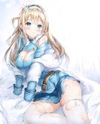 Rule 34 | 1girl, arm support, belt, blonde hair, blue eyes, blue jacket, blue shirt, blue skirt, blush, breasts, buckle, cleavage, closed mouth, collared shirt, damaged, day, fur-trimmed jacket, fur trim, girls&#039; frontline, gloves, hair between eyes, hair ornament, hairband, highres, jacket, long hair, long sleeves, looking at viewer, medium breasts, narae, outdoors, shirt, sidelocks, skindentation, skirt, snow, snowflake hair ornament, snowflakes, snowing, solo, suomi (girls&#039; frontline), tearing up, thighhighs, thighs, torn clothes, torn jacket, torn thighhighs, white gloves, white thighhighs