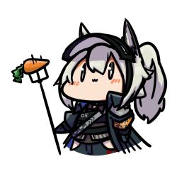 Rule 34 | 1girl, animal ears, arknights, blue jacket, blush stickers, carrot, closed mouth, commentary request, gloves, grani (arknights), hair between eyes, holding, jacket, kagami kino, long sleeves, open clothes, open jacket, pitchfork, ponytail, silver hair, simple background, smile, solo, white background