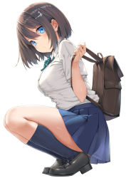 Rule 34 | 1girl, backpack, bag, black footwear, blue eyes, blue legwear, blue skirt, bob cut, bow, bowtie, breasts, brown hair, closed mouth, commentary request, earrings, from side, full body, green bow, green bowtie, hair between eyes, hair ornament, hairclip, highres, jewelry, loafers, looking at viewer, looking to the side, medium breasts, miniskirt, original, pleated skirt, school uniform, shirt, shirt tucked in, shoes, short hair, short sleeves, simple background, skirt, solo, squatting, stud earrings, takayaki, white background, white shirt