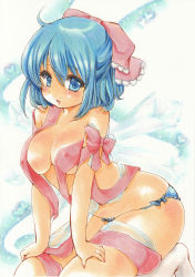 Rule 34 | 1girl, absurdres, alternate breast size, bdsm, blue eyes, blue hair, blue panties, blush, bondage, bound, bow, breasts, cirno, cleavage, commentary, covered erect nipples, hair bow, happy valentine, highres, ice, ice wings, large breasts, marker (medium), matching hair/eyes, open mouth, panties, ribbon, ribbon bondage, seiza, sitting, solo, touhou, traditional media, underwear, valentine, wings, yurun