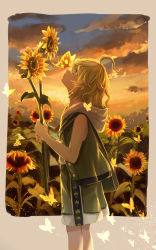 Rule 34 | 1boy, bug, butterfly, closed eyes, cloud, evening, field, flower, flower field, green eyes, green hair, highres, holding, holding flower, hood, hood down, insect, looking up, male focus, nomi (kurocxx110), outdoors, pinocchio (sinoalice), short hair, shorts, sinoalice, sky, solo, sunflower, sunflower field, sunset