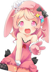 Rule 34 | 1girl, animal hat, bandaid, bandaid on knee, bandaid on leg, bare arms, bare shoulders, blush, collarbone, dress, gloves, hair ornament, hat, hat with ears, highres, long hair, makuran, open mouth, original, personification, pink dress, pink eyes, pink gloves, pink hair, rabbit, rabbit hair ornament, rabbit hat, sitting, smile, solo, star (symbol), strapless, strapless dress, v, wariza