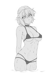 Rule 34 | 1girl, alternate costume, arms behind back, bikini, blush, breasts, closed mouth, commentary request, covered erect nipples, cowboy shot, expressionless, eyes visible through hair, greyscale, hair between eyes, highres, looking at viewer, medium breasts, mizuhashi parsee, monochrome, navel, ootsuki wataru, pointy ears, short hair, simple background, solo, swimsuit, touhou, wet